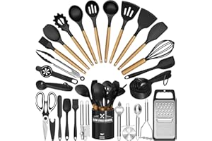 TERLULU Kitchen Utensils Set - 34PCS Silicone Cooking Utensils with Holder, Heat Resistant, Nonstick Cookware Tongs Spatula Spoon Set, Wooden Handles Kitchen Tools & Gadgets (Black)