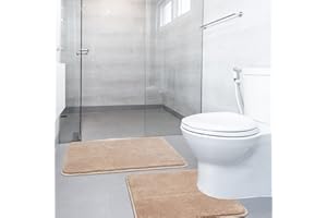 SOANNY 2 Piece Non-Slip Bath Mat Set, Luxury Thick Microfiber Shaggy Bathroom Rugs, 50 X 80 CM Soft Plush Shower Rug & 50 X 50 Toilet Pedestal Mat, Machine Washable, Absorbent, Camel