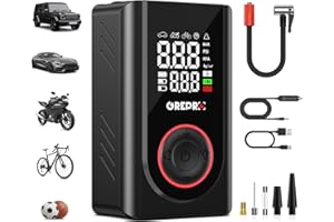 GREPRO Tyre Inflator Air Compressor, 150 PSI Rechargeable Cordless Bicycle Pump, 12V DC Car Tyre Pump with 5000mAh Power Bank, Digital Dual Values Display and LED Flashlight for Car, Motorcycle, Bike, Ball