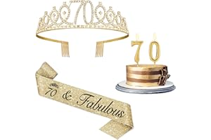 AMOSKING 70th Birthday Decorations for Women with 70th Birthday Sash and Crown, Gold Number 70 Candles, 70 Year Old Gifts for Women