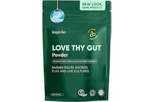 Inspiriko Organic Prebiotics for Gut Health Supplements - Award-Winning 10-in-1 Gut Health Powder with Superfoods, Inulin, Prebiotics and Probiotics. No Added Sugar, Made in UK, 180 Grams