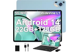 SKYEGG Tablet 10 Pulgadas Android 14, 22GB RAM + 128GB ROM Ampliable 1TB, Octa-Core 2.0GHz, FHD IPS, Widevine L1, WiFi 5G, GPS, 8000mAh, Cámara 5MP+8MP, con Teclado + Ratón + Funda, Azul Glaciar