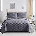 B&B Single Bedspread Bed Throw Embossed Pattern Reversible Quilted Bedspread Set with 1 Pillow Sham - Decorative Quilt Coverlet Bedding Set, Grey