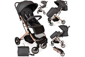 LIBREBON Lightweight Stroller, Baby Pushchair, Compact Travel Buggy, One Hand Foldable, Upgraded Wheels, Four Seasons Stroller, Foot Cover, Mommy Bag, Rain Cover (Grey - Rose Gold Frame)