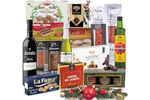 FAMILYCOM. Cesta de Navidad para regalar. Lote Gourmet con Ibéricos de regalo. Empresa y Particular. Surtido de Turrón, Mantecados, Vino, Embutidos, Bombones, Aceite De Oliva Virgen.