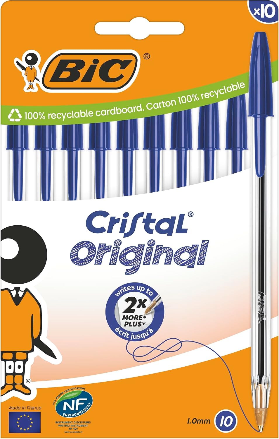 BIC Cristal Original Bolígrafos de Punta Media (1,00 mm) con Tapón y Capuchón a Juego - Azul, Caja de 10
