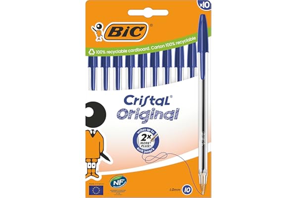 BIC Cristal Original Bolígrafos de Punta Media (1,00 mm) con Tapón y Capuchón a Juego - Azul, Caja de 10