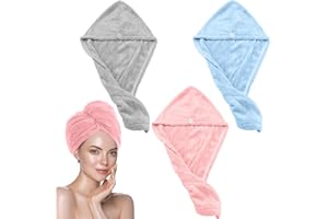 KASURE 3 Pieza Toalla Microfibra Pelo(Gris,Azul, Rosa),Gorras para El Cabello con Botones,Toalla Pelo Secado Rapido et Anti Frizz para para Cabello Largo, Rizado y Grueso