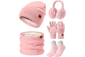 PASUDA Knitted Hat and Scarf Set 5 PCS Winter Warm Sets Fleece Lined Beanie Hat Touch Screen Gloves Plush Ear Warmers Neck Warmer Thermal Socks Set for Girls Ladies Sports Skiing Outdoor