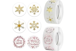 LEIKEDUN 1000 Pz Etichette Adesive Natalizie Rotondo Carta Adesivi Decorativi Sigillo Chiudi Busta Fiocco di Neve Buon Natale Decorazione per Scrapbooking Diario Album Cartolina d’auguri