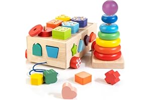 Bravmate Holzstapelspielzeug für Kleinkinder ab 12 Monaten alt, Motorikwürfel Regenbogen Sortier-Stapelspiel, sensorisches Montessori Lernspielzeug für 1-3 Jahr alte Geschenke