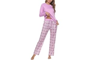 Uniexcosm Pijama Mujer Largo, Pijama Mujer Cuadros Pijama Conjunto Mujer Algodón Conjuntos de Pijama con Cuello Redondo Plaid Pajamas 2 Piezas con Bolsillo Suave para Hogar