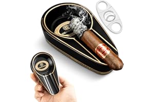 CLZOONG Zigarren Aschenbecher Classic Single Schlitzen Keramik Aschenbecher mit Edelstahl Zigarrenschneider, Tragbare Drinnen und Draußen Zigarrenaschenbecher Zigarren Zubehör für Männer (Schwarz)