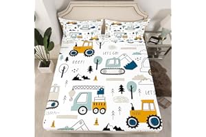 Loussiesd Juego de sábanas ajustadas para niños con diseño de caricaturas, juego de sábanas con diseño de camiones, equipo de construcción, camiones, juego de ropa de cama, excavadora, tractor, blanco
