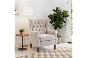 COLAMY Mid-Century Modern Living Room Accent Chair, Button Tufted Wingback with Thick Padded Seat, Upholstered Armchair, Fabric Sofa Arm Chair with Solid Wood Legs for Bedroom/Office/Café, Beige