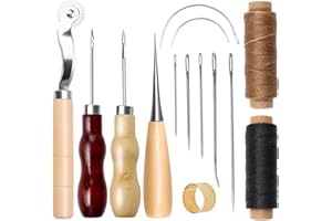 COYTEAR 14Pcs Leather Sewing Needle 50m Heavy Duty Waxed Leather Repair Kit Leather Craft Hand Cord Drilling Awl Thimble Curved Needle Repair Tools for Upholstery Carpet Furs Sofa Fabrics Bookbinding Sewing