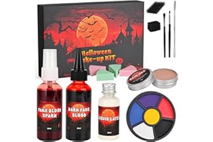 LEVVUE Kunstblut Halloween, Halloween Schminke Set, 60ml Kunstblut Spray, 60ml dunkelrotes Kunstblut, Flüssiges Latex, Narbenwachs, Make-up Pinsel, 6 Farben Make Up Palette, Schwamm für Zombie Vampir Cosplay