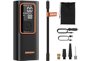 EBOSSOM Compressore Aria Portatile,Compresseur d'aria Mini 150PSI,Gonfiatore 12V DC con 6K mAh,Accessori per Auto,Moto,Bici,Palla.È dotato di funzione di banca dati,luce LED (Arancione, I7)