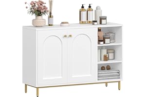 Hzuaneri Meuble de Salle de Bain, Meuble de Rangement, Armoire Salle de Bain, Placard Rangement avec 2 Portes, Compartiment Ouvert, Meuble Bas Rangement, Salle de Bains, Le Salon, Blanc-Or SC10203G