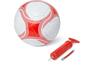 Amazon Basics Balón de Fútbol con Bomba - Balón de Entrenamiento, Construcción Duradera de PVC, Cámara de Butilo, Uso Interior y Exterior, Balón de Práctica Cosido a Máquina, Blanco y Rojo