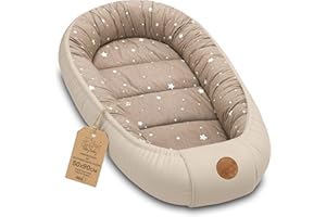 Babynest babynestchen neugeborene mit tragegriff 90 x 50 cm baby nestchen tragbar nest für bett kinder kuschelnest coccon für Jungen und Mädchen Beige mit Weiß Sternen