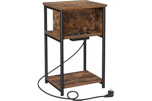 VASAGLE Table d'Appoint, Petite Table de Chevet avec Multiprise, Fin, 2 Prises CA, 2 Ports USB, 30 x 34 x 58 cm, pour Salon, Chambre, Marron Rustique et Noir LET375B01