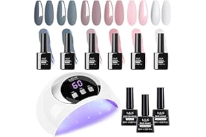 Gel Nail Kit LKE 6 Colors Gel Nail Polishes Set with 54W UV Lamp, Glossy & Matte Top and Base Coat,Pink Gray White with Lamp Starter Kit for Nail Art DIY at Home