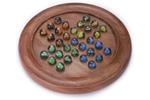Ajuny Solitario Clásico de 12 Pulgadas - Juego de Mesa de Madera Hecho a Mano con Canicas de 4 Colores, Diseño Indio Vintage - Ideal para Diversión Familiar y Decoración del Hogar