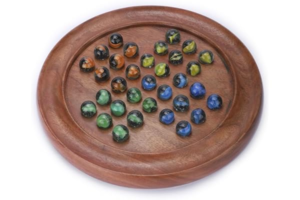 Ajuny Jeu de société Solitaire en Bois – Plateau Rond 12 Pouces (30 cm) Fait Main, Billes 4 Couleurs, Casse-tête & stratégie Adultes/Enfants, Artisanat Indien Vintage, décoration & idée Cadeau