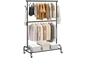 VEVOR Clothes Rack, Rolling Clothing Garment Rack with Adjustable Crossbar and Side Hooks, 68 kg Load Capacity, Heavy Duty Carbon Steel Clothing Racks with Wheels for Bedroom, Laundry, Living Room