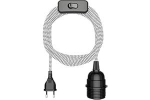 ledscom.de Cable textil LEKA, enchufe, interruptor, negro, blanco, dentado, 3 m, portalámparas, 1x E27 máx. 60W, cable, cable de lámpara, cable de lámpara, interruptor, E27, cuerda, lámpara