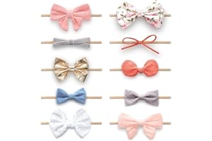 KiddyCare Diademas Bebé Niña - Lazos Pelo Niña Bebé Elásticos y Suaves - Diademas Bebé para Recién Nacidas Antideslizantes de 0 a 6 Meses - 10 Diademas con Lazo de Varios Estampados y Colores