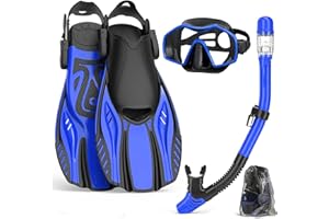 OTOWAVING Snorkel Set Adults with Flippers,Snorkel Mask with Adjustable Swim Fins,Dry Snorkel,Panoramic View Swimming Goggles Snorkelling Packages,Snorkeling Gear for Snorkeling Scuba Diving Swimming Travel