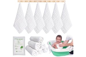 HANA MAMA LONDON Pack of 6 Premium 100% Organic Cotton Thick Baby Muslin Wash Cloth for Newborn 6 Layers Muslin with Hanging Loop Design - GOTS Certified (25CMx25CM,White) - Gift Set