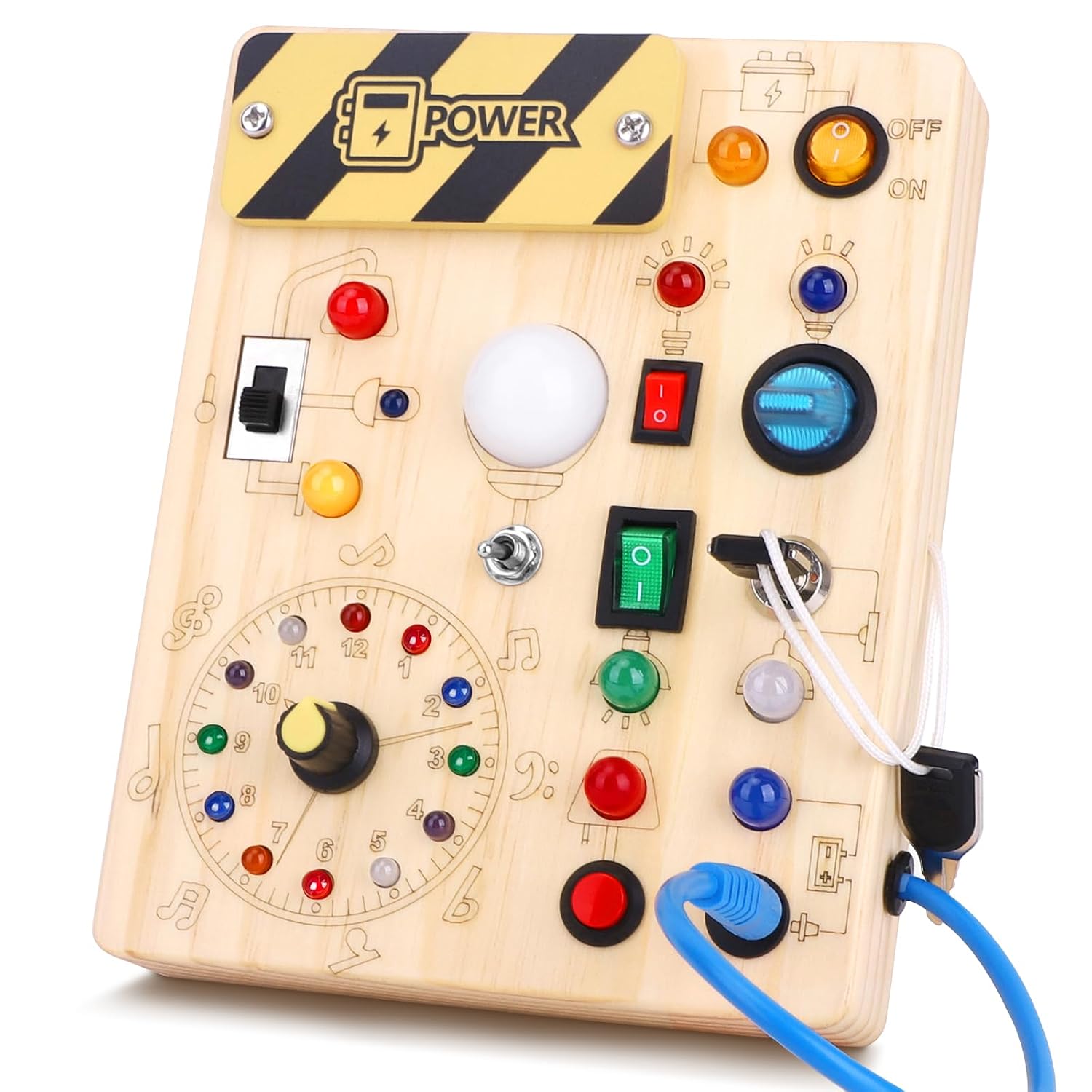 Montessori Busy Board - Houten activiteitenbord voor peuters van 1, 2 en 3 jaar, 10 schakelaars en 23 ledlampjes, sensorisch speelgoed voor de fijne motoriek, Peuters 1 2 3 Jaar, Jongens Meisjes