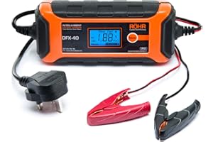 RÖHR DFX-40 12V Battery Charger Intelligent Turbo/Trickle & Pulse Repair Charging Technology 4A 62W Compatible with AGM, WET & GEL Batteries Car/Motorbike