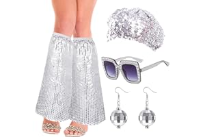 FOUNSHO 4 Pièces Deguisement Disco Femme, Accessoires Disco des Années 70 80 pour Adultes Paillettes Bérets Chapeau Jambières Lunettes de Soleil Boucles d'Oreilles Costume disco pour Fête