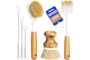 Holikme 6 Pack Washing Up Brush Scouring Pad Set with Bottle Brush, Dish Brush, Palm Brush and Straw Brush, Washing Up Brush, Long Handle for Dishes, Bottles, Cups, Pans, Wok Pot, Yellow