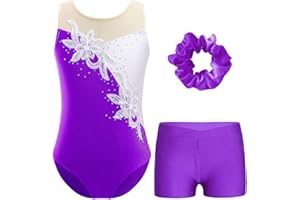 TTAO Justaucorps Paillette Gymnastique sans Manches Enfants Filles Body et Short de Sport avec Bandeau Ensemble de Sport Combinaison Danse Performance 3-16 Ans