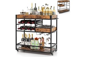 GiantexUK 3-Tier Kitchen Serving Cart, Home Bar Cart Trolley with Wine Rack, Glass Holder, Removable Tray & Handles, Rolling Drinks Trolley on Lockable Wheels (with Removable Top Tray, 80x40x83cm)