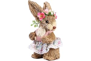 OLDMOOM Straw Woven Easter Bunny Decorations - Standing Bunny Statues Figurine, Easter Decor