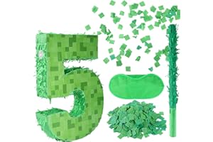 SAVITA Number Mini Pixel Piñata, Green Pixel Birthday Party Decorations with Stick Blindfold Confetti Piñata Party Set for Birthday Decorations (5)