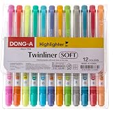 DONG-A Twinliner &ccedil;ift taraflı fosforlu kalem, ince ve geniş u&ccedil;lar, 12 renk seti