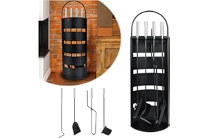 YARDIN Juego de utensilios de chimenea de acero inoxidable, 5 piezas, accesorios para chimenea, juego moderno, con bastidor, pala, escoba, pinzas para chimenea y atizador, color negro