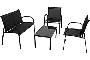 DEGAMO Lounge Set Arona 4-teilig (2X Loungesessel, 1x Loungesofa, 1x Tisch 80x45cm), Metall + Textilgewebe schwarz, Outdoor