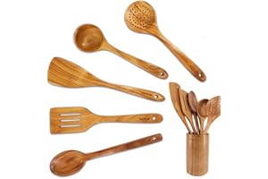 StarBlue Lot de 6 ustensiles de cuisine en bois d'acacia – Spatules anti-rayures et durables pour ustensiles de cuisine antiadhésifs – Spatule en bois écologique et ergonomique et support de poêle