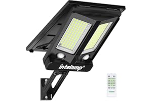 INTELAMP Spot LED d'extérieur solaire 12500 mAh, télécommande projecteur LED extérieur avec panneau solaire avec capteur de mouvement, lumière double face, lampadaire solaire LED extérieur (noir - 16