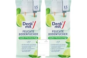 Denkmit Feuchte Bodentücher Limette & Basilikum Duft - 2 x15 Stück, Mikrofaser, Streifenfrei, Antistatik-Formel, Vegan - Für Alle Gängigen Wischsysteme + Halley Bedding Notizblock Set