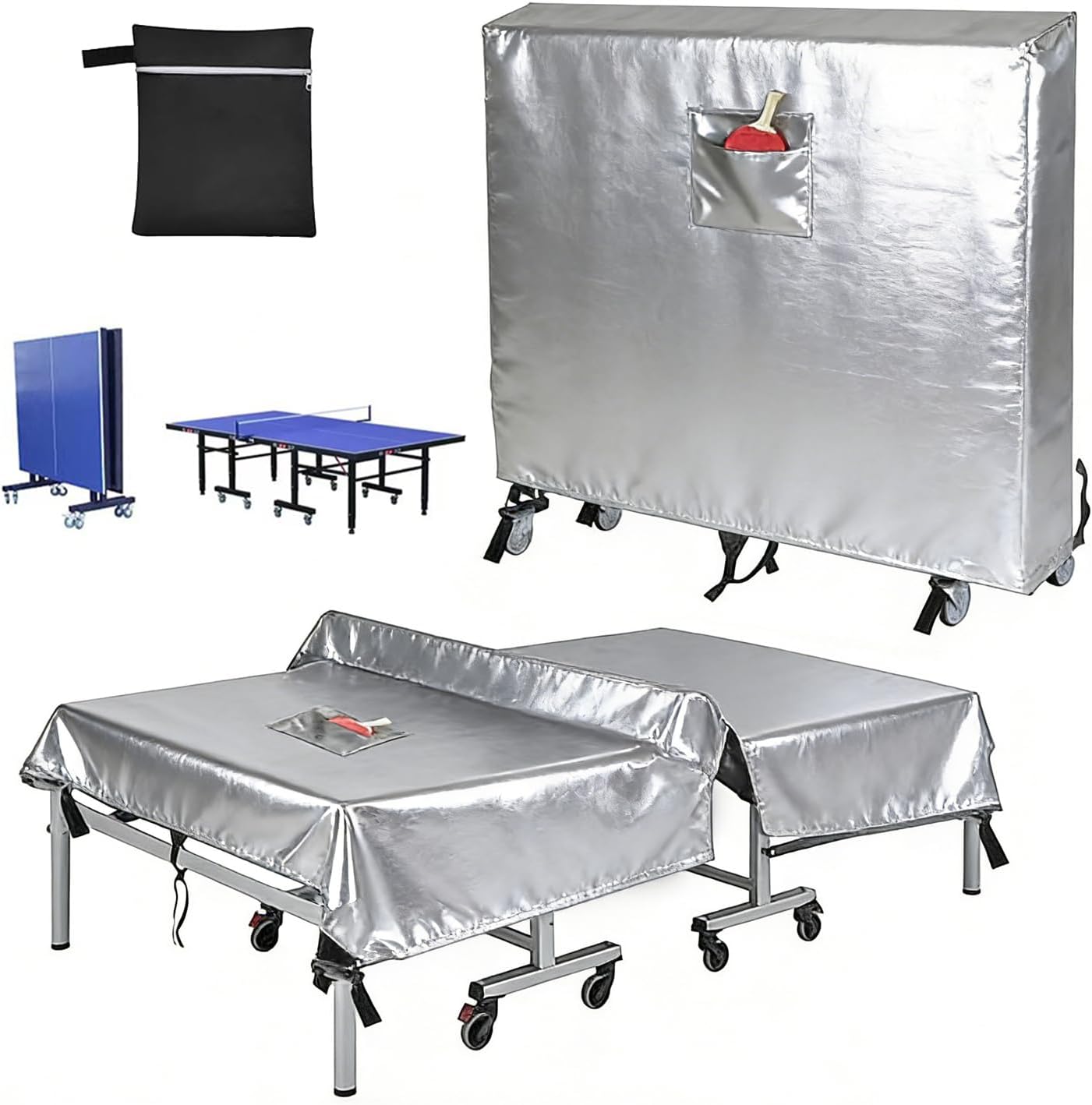 Funda para mesa de ping pong para exterior e interior Funda resistente 600D paras mesa de tenis des mesas impermeable con hebillas paras mesas plegables y planas,Plata,165x70x185cm