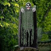 Pop The Party Spooky Hanging Skeleton Ghost Decoration with Green Tattered Cloak - Scary Prop for Halloween, Haunted House & 
